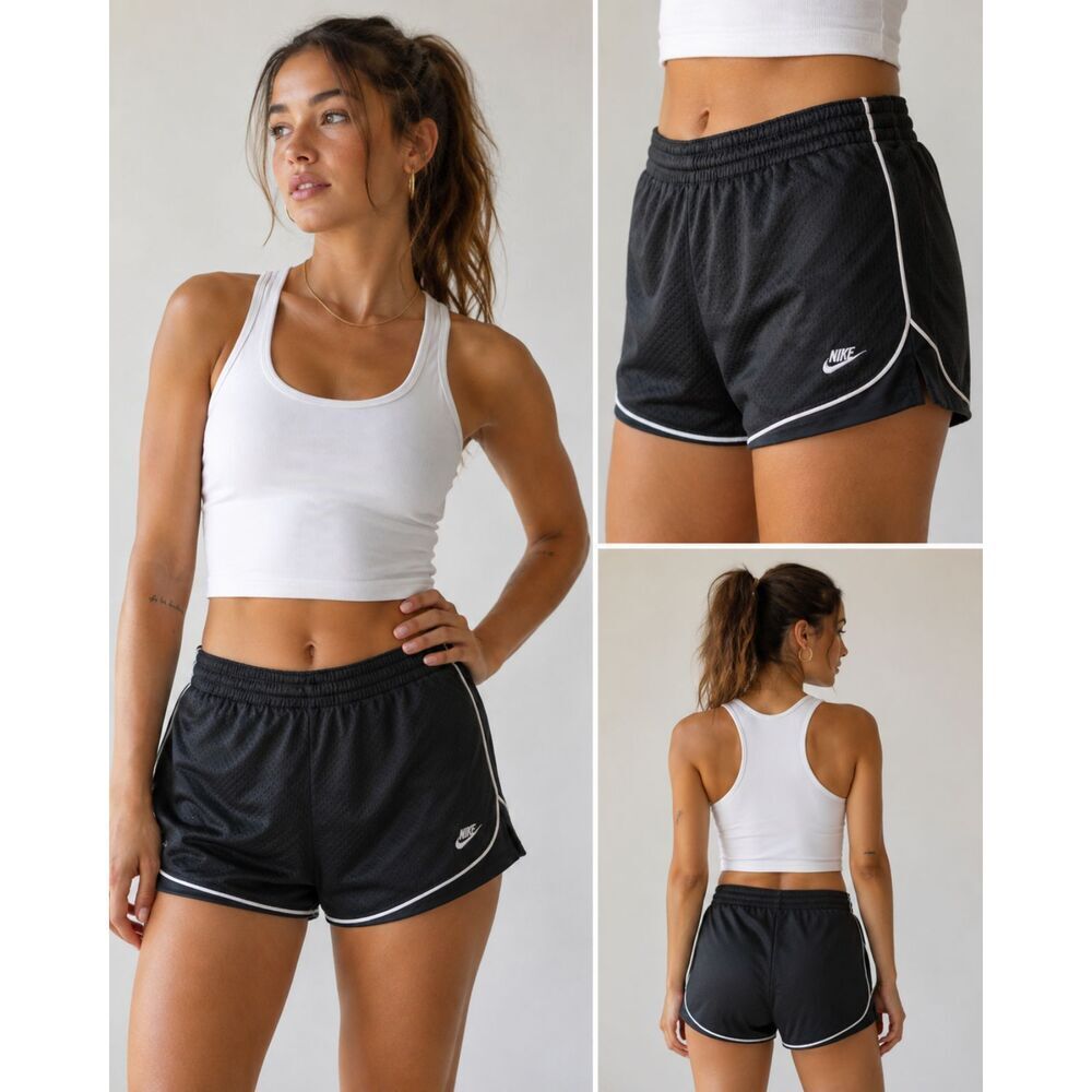 Vintage Nike Women's Running Shorts Black Mesh White Piping Size L
